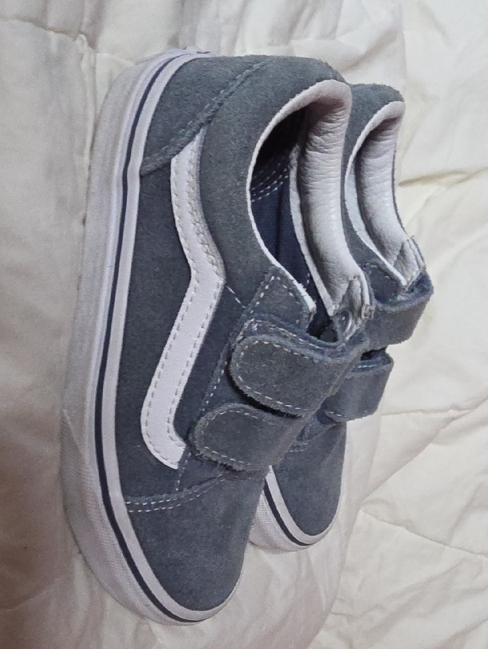 Vans Kids Gray Suede Velcro Sneakers with White Stripe